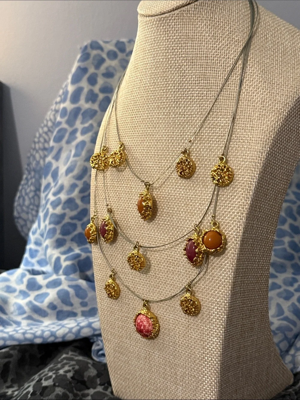 Chico's Layered Gold Disc Necklace with Pink and Orange Stones